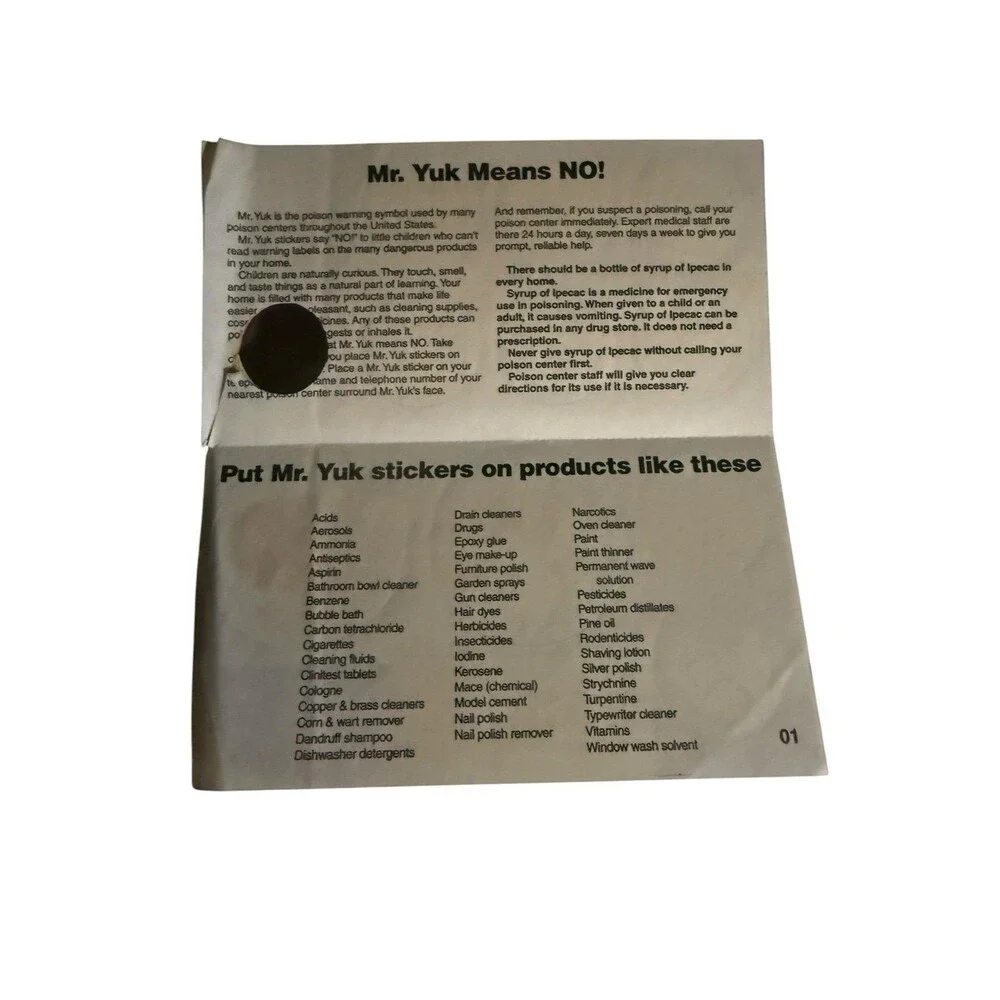 Vintage Mr. Yuk Poison Warning Sticker Sheet Texas Poison Center 1972 Safety Dec